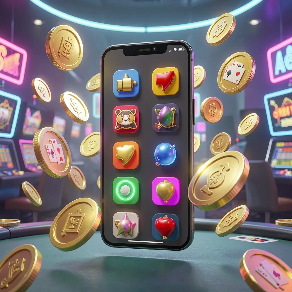 Realistic 3D render of an Android casino app concept on a modern phone with app icons, golden coins, and slot symbols floating around in a neon casino atmosphere featuring the С88O brand