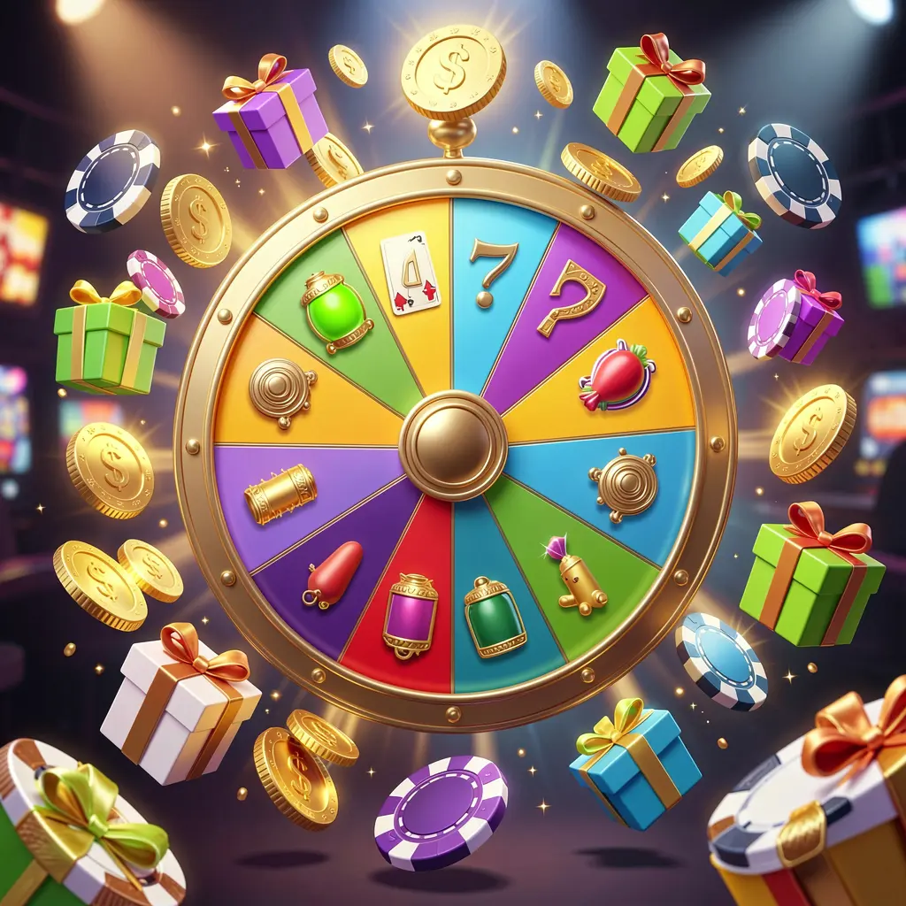С88O online casino bonus wheel with colorful prize wheel surrounded by golden coins, chips, and gift boxes, glowing casino lights creating an exciting jackpot atmosphere on a dark background