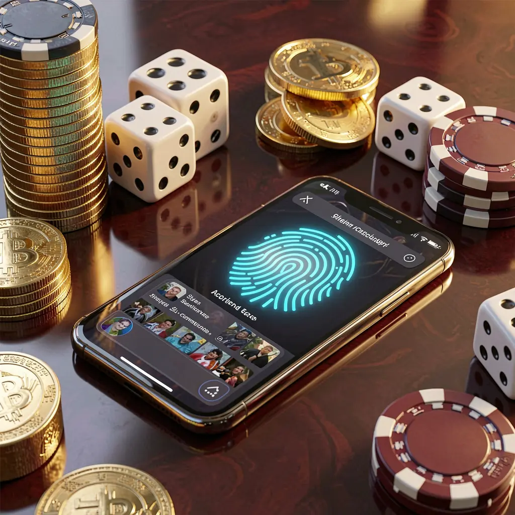 С88O online gaming account access scene with smartphone displaying glowing fingerprint icon, golden coins, dice, and poker chips on a glossy table under cinematic lighting