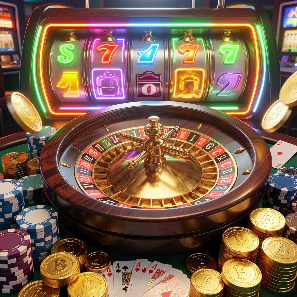 С88O casino homepage visual featuring a realistic 3D render of a roulette wheel, poker chips, playing cards, golden coins, and bright neon jackpot lights in a dynamic composition promoting responsible gaming
